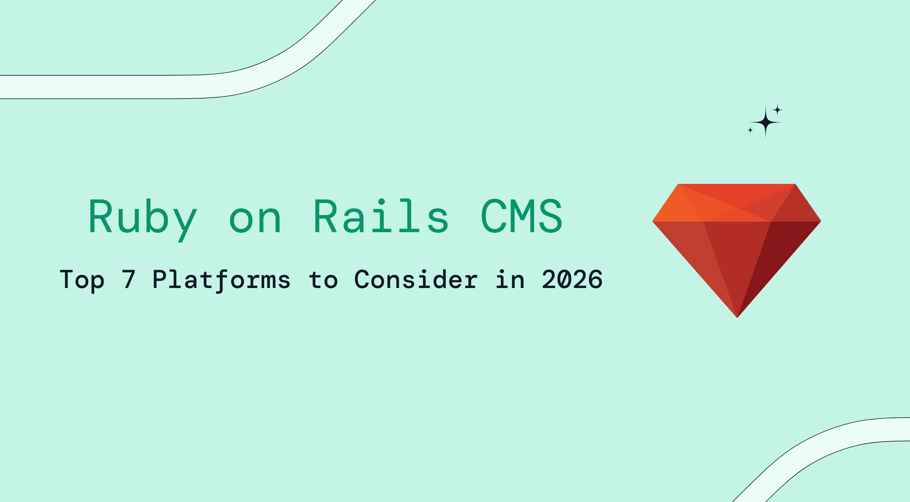 A red ruby gem in green background with text "Ruby on Rails CMS"
