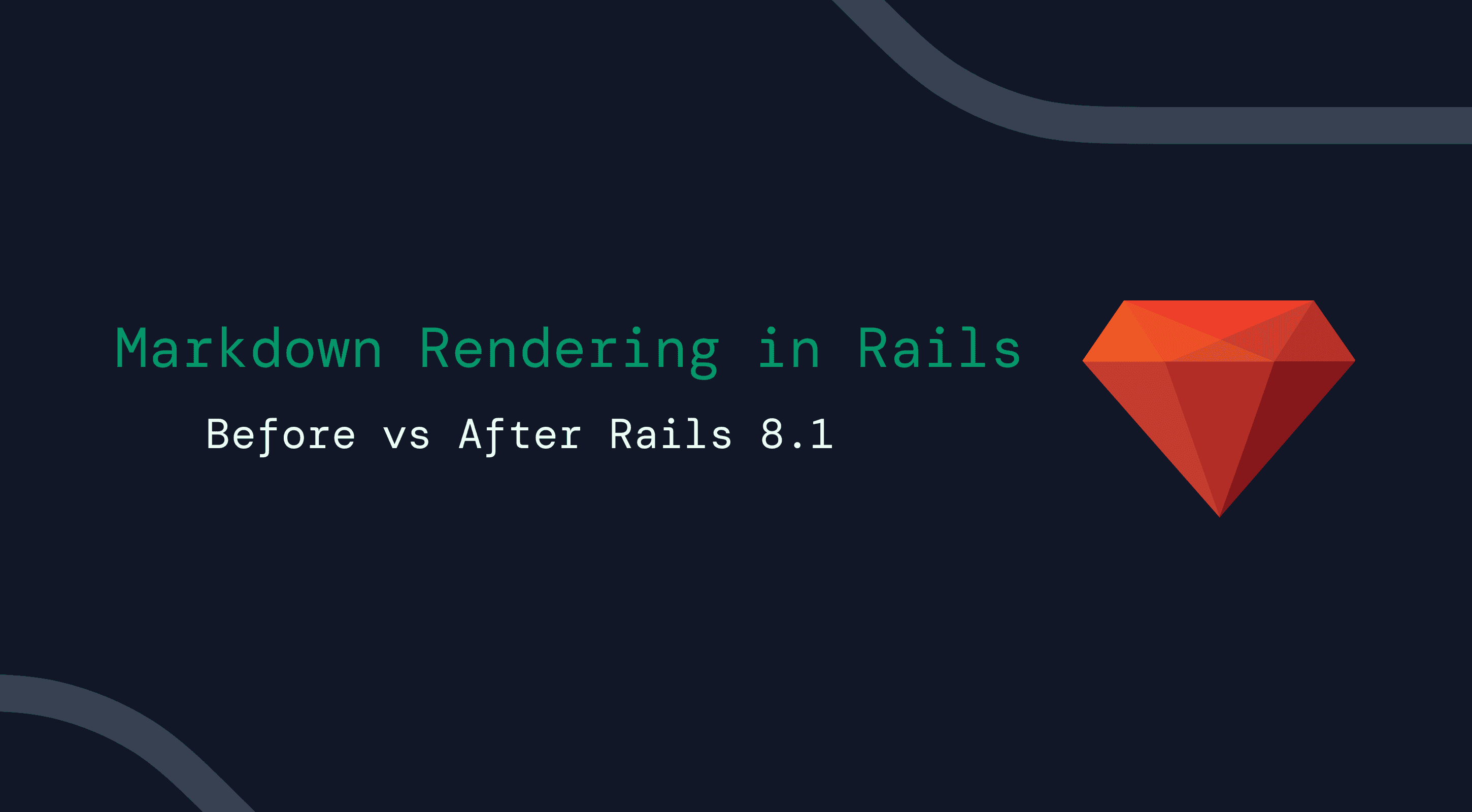 A red ruby gem along with text Markdown Rendering in Rails 8.1